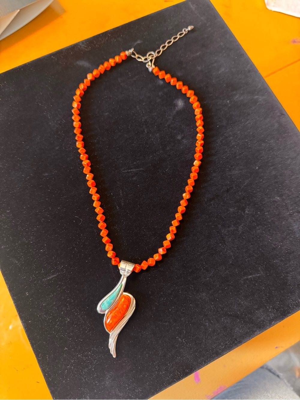 Handcrafted Orange Beaded Pendant Necklace with Turquoise Accent